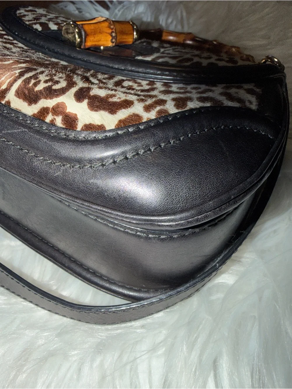 GUCCI Vintage Bamboo Leopard 2way Handbag Crossbody Bag Pony Calf Hair Gray